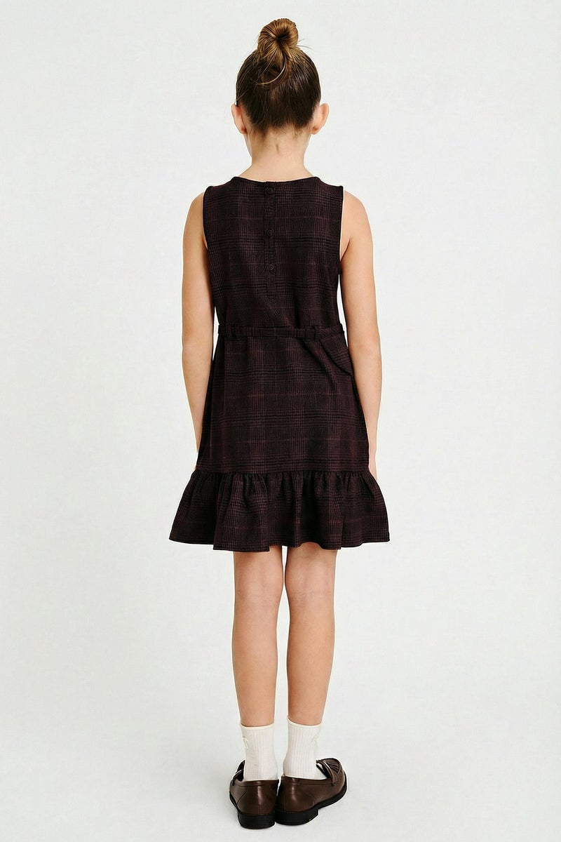 ديفاكتو فستان كاروهات بناتي قصة عادية بحزام - Image 4